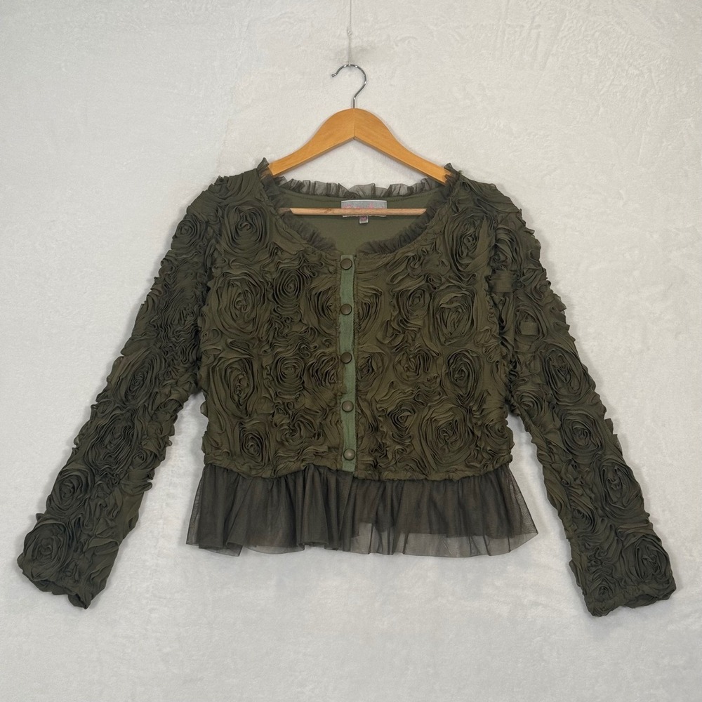 Pretty Angel Olive Green 3D Rosette Mesh Peplum Cardigan Medium